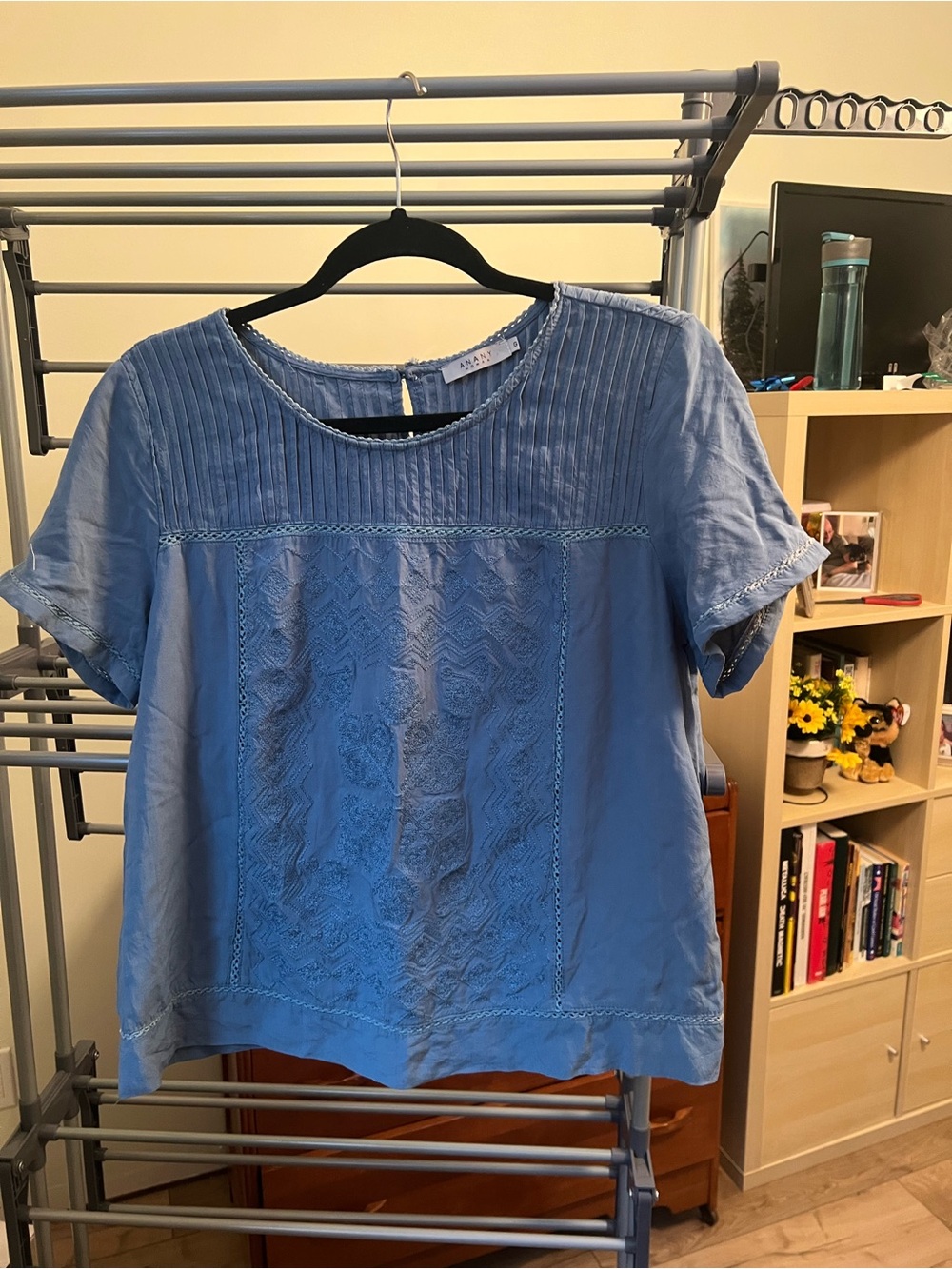 Women's Blouse - Light Blue Embroidered Short Sleeve - Size L